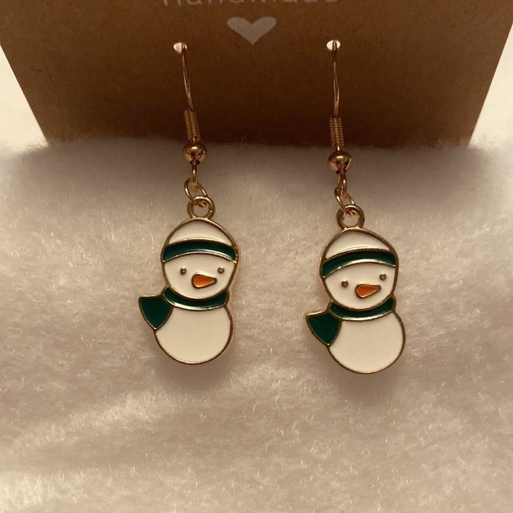 Green Scarf Snowman Festive Christmas Dangle Earrings